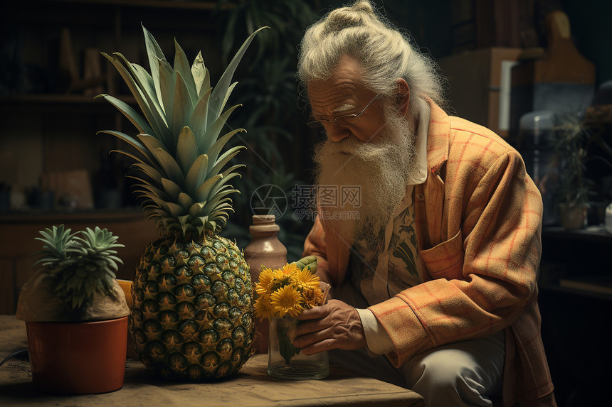 老人和菠萝图片