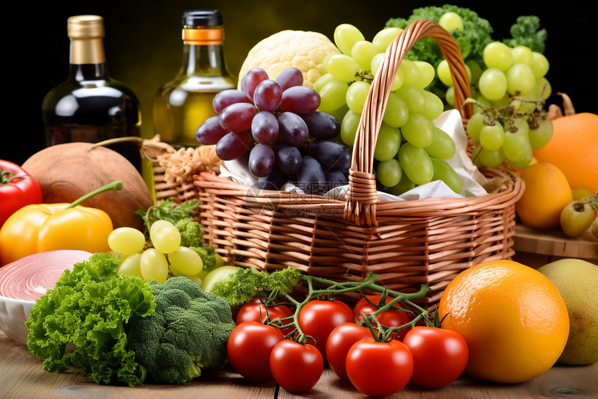一篮子水果和蔬菜，旁边有一瓶葡萄酒和一盘蔬菜图片