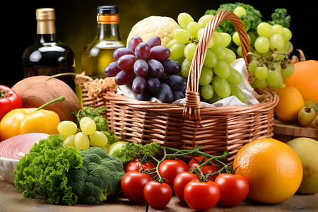 一篮子水果和蔬菜，旁边有一瓶葡萄酒和一盘蔬菜图片