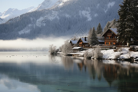 冬天村庄风景安静的雪景小屋背景