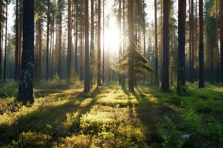 清晨阳光照耀下的森林绿野背景图片