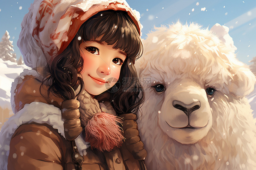 冬季的女孩和骆驼图片