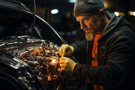 高级技师在夜晚车库里修理汽车高清图片