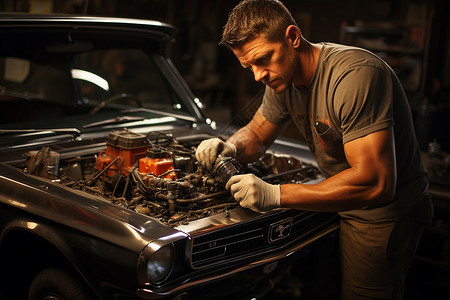 机械手套正在维修汽车的修理工背景