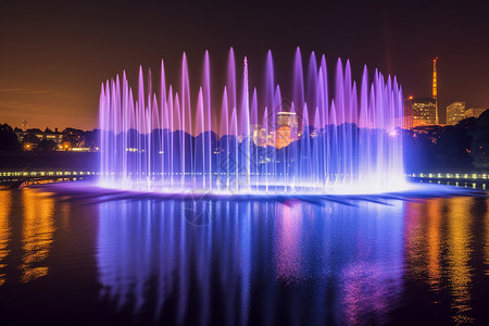 喷泉夜晚湖中的喷泉背景