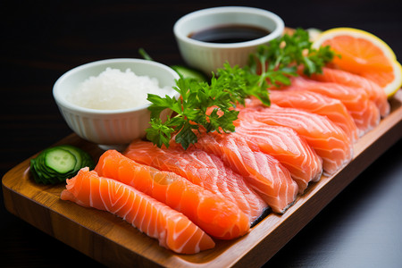 海鲜酱料托盘上的日本鱼生背景