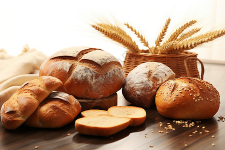 桌子上的面包和麦穗背景图片