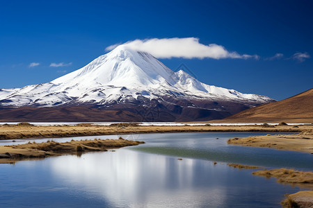 高耸的雪山与湖泊背景图片