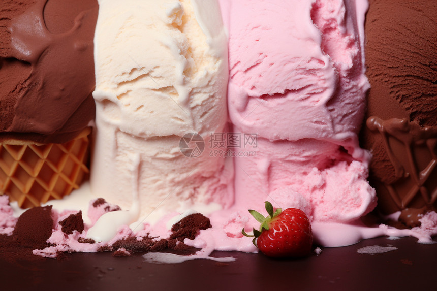 草莓点缀的冰淇淋图片