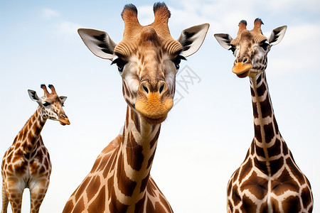 蓝天下三只长颈鹿高清图片