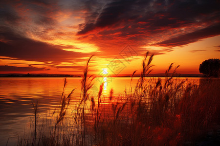 湖上的日落背景图片
