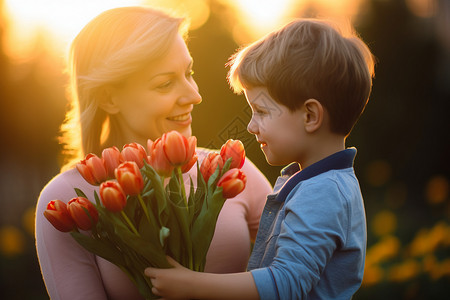 蓝色鲜花背景孩子给母亲一束鲜花背景