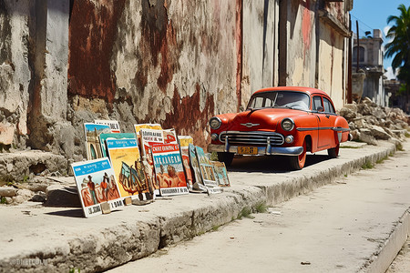 经典线路推广海报老式轿车停在路边的海报摊边背景