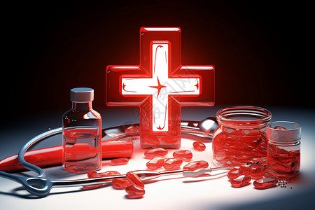 医药物品素材发光十字架和药瓶背景