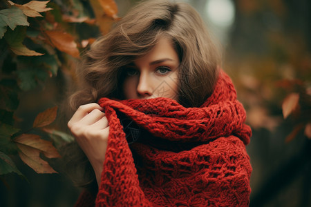 红色的围巾围巾遮脸的女子背景