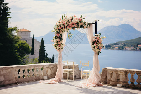湖和远山下被鲜花点缀的门背景图片