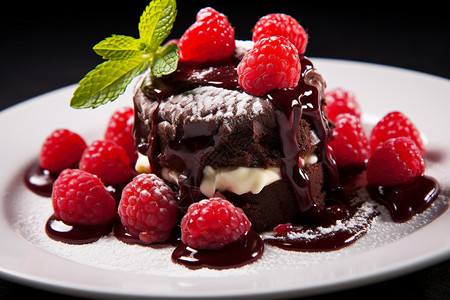 树莓和巧克力熔岩蛋糕背景图片