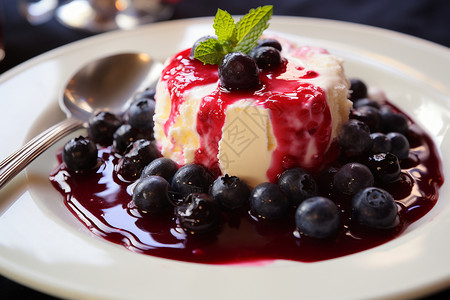蓝莓果酱淋在奶油冰淇淋上图片