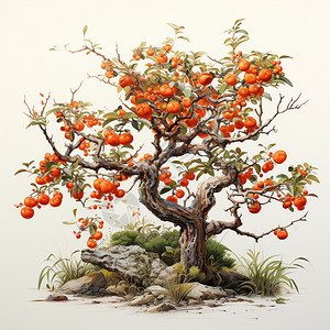果树盆景成熟的柿子插画
