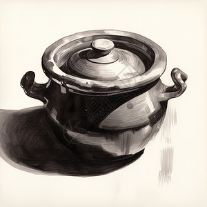 白色砂锅陶瓷锅的素描画插画