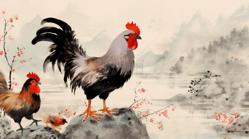 生动公鸡的水墨画图片