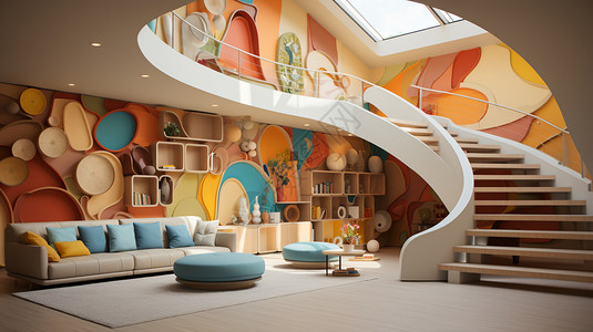 彩色的别墅客厅的楼梯设计图片