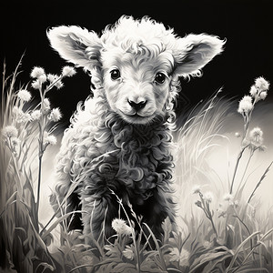 黑白绵羊插画背景图片