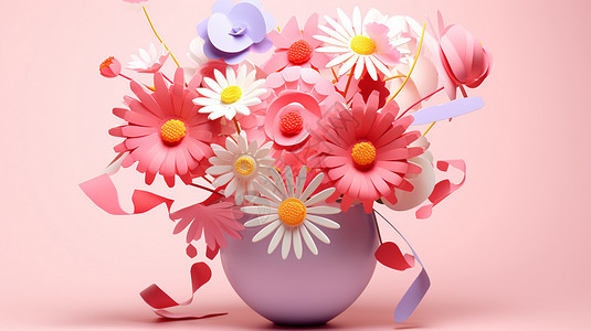 粉红色花瓶里的鲜花图片