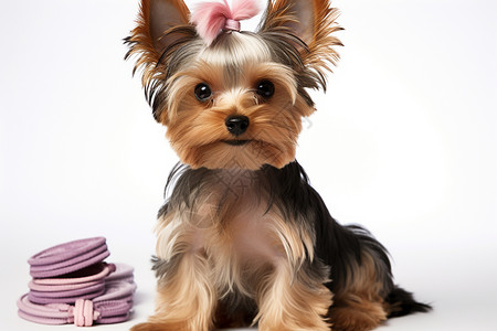 扎着粉色蝴蝶结的可爱小狗图片