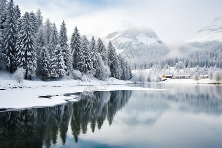 冬日雪山湖景高清图片