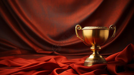 放在红色丝绸上的奖杯背景图片