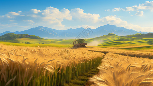 水稻机准备收割的稻田插画