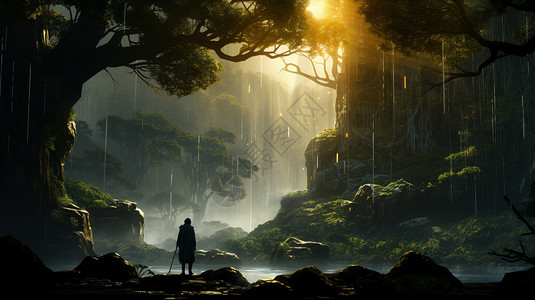 走在迷雾森林中的男人背景图片