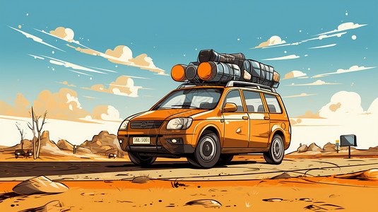 汽车彩绘沙漠上的汽车插画