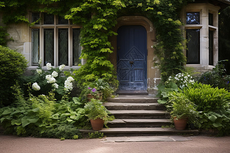 门口的植物木制门廊高清图片