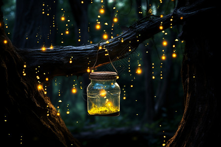 挂在树上灯笼树林里的萤火虫设计图片