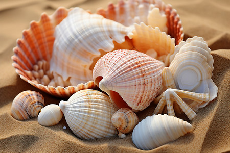 堆在沙滩上的贝壳图片