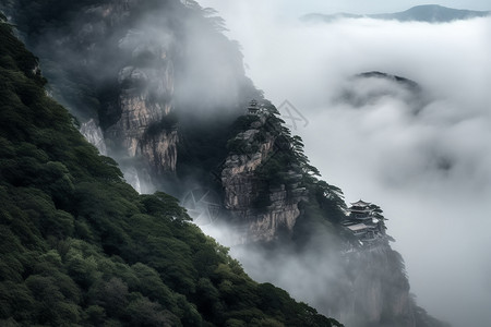 云雾遮挡住的大山背景图片