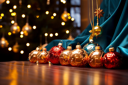 金色圣诞饰品圣诞树上的闪亮奇妙世界背景