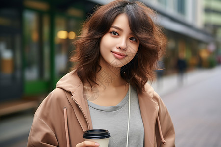 在韩国素材美女在咖啡馆前拍照背景