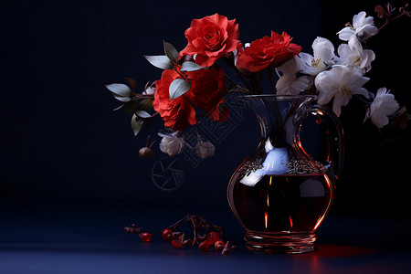 鲜花盛开的透明瓶子背景图片