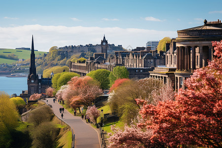 蓝天花草天空下的爱丁堡背景