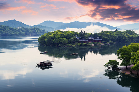 湖泊小船西湖山水背景