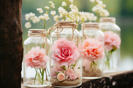 玫瑰玻璃瓶精致的永生花背景