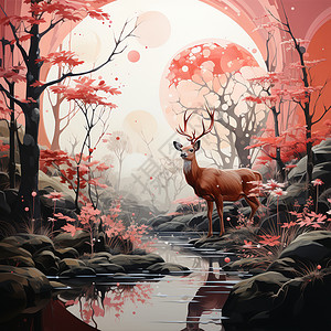 晨曦林间，鹿与奇蛙──幻梦画境背景图片