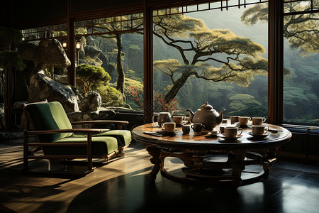 清晨的竹林茶屋高清图片