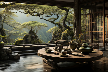 清晨竹林间的中国茶馆图片