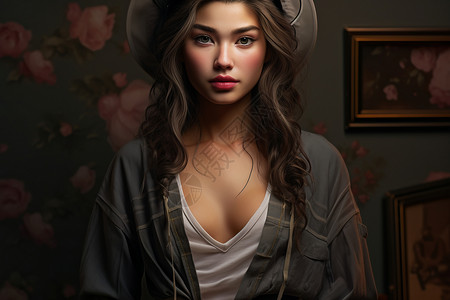 牛仔衣服的女孩精美的油画背景