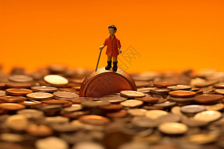 金融经济人物站在硬币上的老人背景