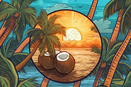 椰子棕榈树日落椰林漫画插图插画